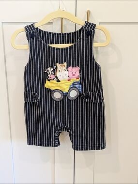 Striped Navy Baby Overalls with Farm Animal Applique